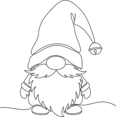Minimalist line art illustration of a christmas gnome with a bell on his hat