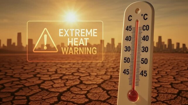 Extreme heat warning thermometer reads high over cracked desert ground and sunlit dry earth with hazy urban skyline under intense sun conveying heatwave urgency and drought emergency