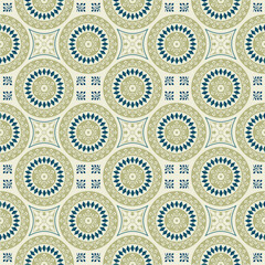 Elegant geometric mandala tile seamless pattern in vintage beige and blue tones, perfect for wall decor, textile prints, flooring, and wallpapers