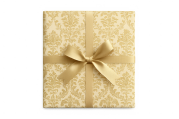 Elegant gold damask pattern gift box with golden ribbon bow, creating a festive background for celebrations and luxury presents