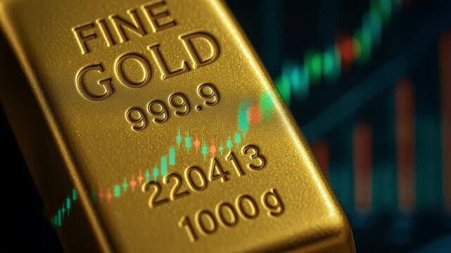 Fine gold bar 999.9 purity 1000g stamped with serial and weight, rising stock chart overlay and reflection, green red financial candles, bullion metal investment finance wealth precious purity 999.9