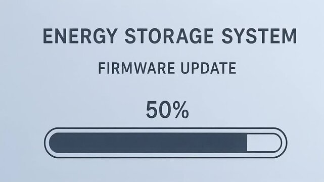 Energy storage system firmware update 50 percent progress bar showing software update progress sleek control panel interface minimal design neutral color palette blue tones modern typography