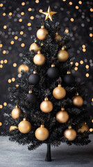 Fototapeta premium Black artificial christmas tree decorated with gold ornament and star on top festive bokeh background elegant holiday celebration