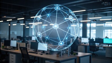 A modern office space with digital network graphics, representing connectivity and technology in a collaborative work environment.