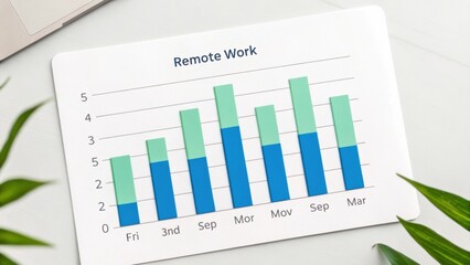 A bar graph illustrating remote work trends over several months, with data displayed in green and blue bars.