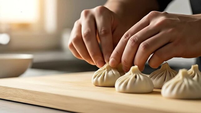 Close Up of Hands Preparing Chinese Baozi Dumplings on Wooden Board with Soft Lighting and Kitchen Background The Art of Making Steamed Buns Delicacy Food Cooking Close Up Shot