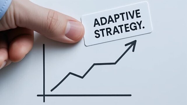 Adaptive strategy growth chart and upward arrow with hand placing sticker label for business planning progress and success motivation