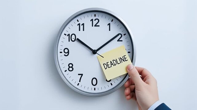 Handwritten deadline note wall clock ten past two with sticky note reading deadline, human hand emphasizing time pressure and urgent schedule reminder, office clock face conveying midmorning urgency