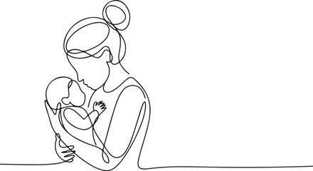 Mother Holding Baby Continuous Line Art Drawing Calm Portrait Minimalistic Style