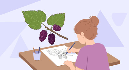 Illustration Of A Person Sketching Fruits Of A Mulberry Plant During Creative Artistic Time