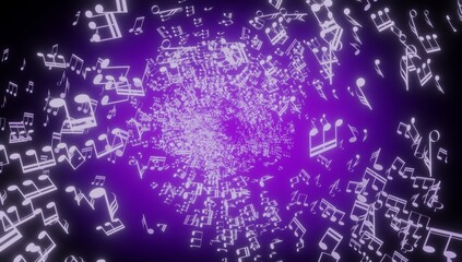 Many flying music notes with violet background - 3D illustration