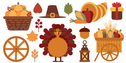 Thanksgiving elements. Turkey, pilgrim hat, cornucopia, wagon with harvest, pumpkins, lamp, and autumn leaves. Ideal for festive designs.