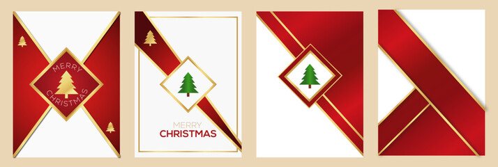 Luxury Red and Gold Merry Christmas Greeting Card Design with Modern Golden Frame and Christmas Tree Element &ndash; Elegant Holiday Invitation Template
