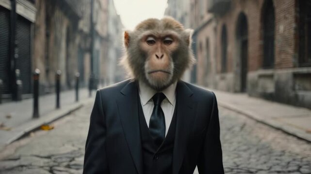 A well-dressed monkey confidently walking down a city street. The monkey is wearing a tailored suit, looking composed and self-assured