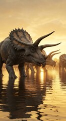 Fototapeta premium Triceratops herd standing in shallow water during a golden sunset creating reflections