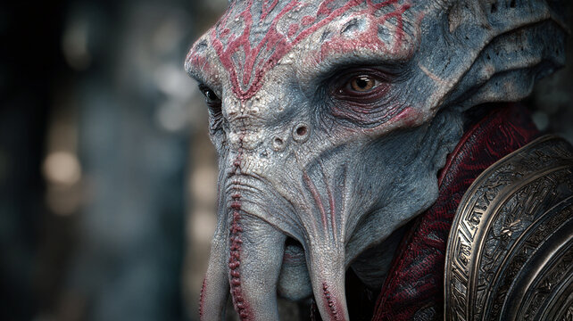 side portrait of the head of an  an alien master demon race evil old eldritch god , grey red mottled skin pattern, In a ancient temple. photo realism