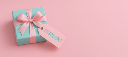 Pastel gift box with pink ribbon and discount tag, black friday shopping