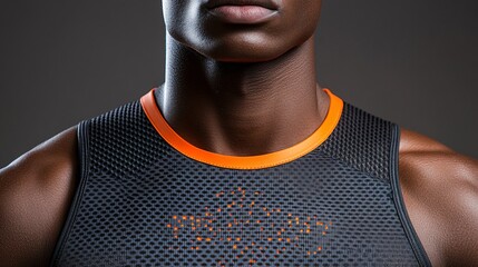 close-up of african american athlete wearing sports jersey with glowing orange details and textured fabric