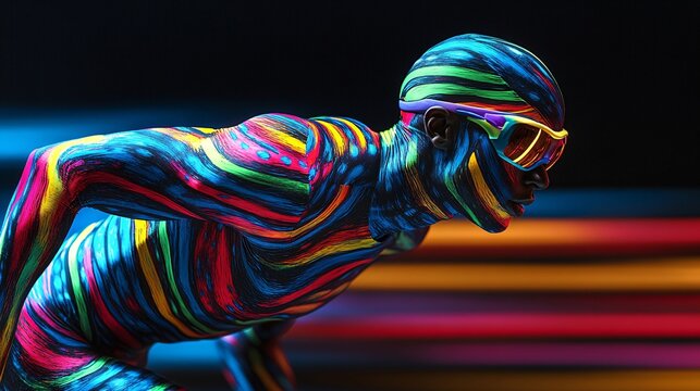 vibrant neon bodypaint and sportswear of female sprinter in action