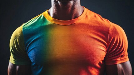 vibrant rainbow-color t-shirt on fit male model in dark studio lighting