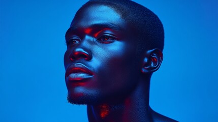 portrait of a black man under blue and red neon lighting for artistic and modern photography composition
