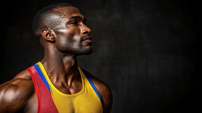 professional black male athlete in colorful sportswear looking to the side