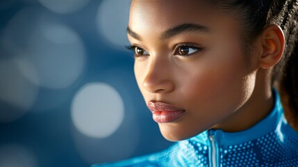 close-up of a confident young woman athlete with glowing skin and focused expression in sportswear during training