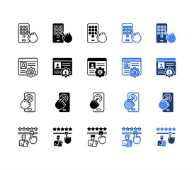 Mobile apps, Account management, Touchscreen, Customer survey multiple style icon set.