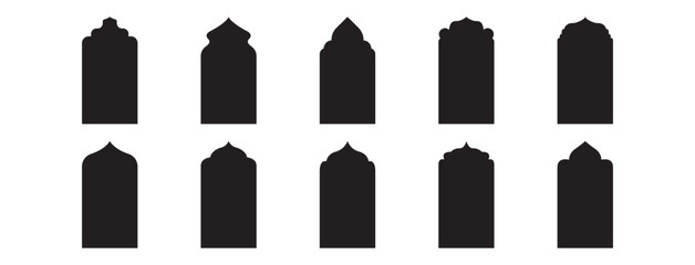 Islamic frame door, arabian portal pattern, morocco shape icon. Vintage architecture window, Ramadan arch. Indian old border. Ethnic ornament decoration element set on white bg. Vector illustration