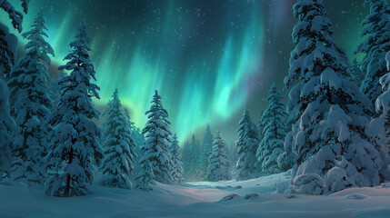 オーロラが輝く、雪に覆われた森の幻想的なイラスト