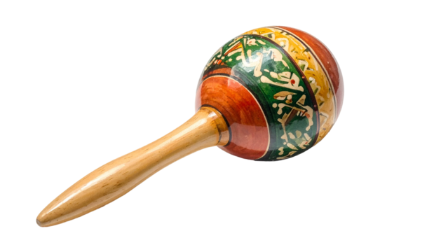 Handheld maraca with colorful ornamental painting on black backdrop