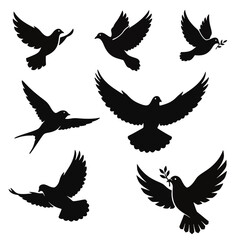 Obraz premium Collection of flying doves and birds in silhouette, representing peace and freedom, ideal for design