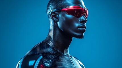 futuristic cyber athlete portrait with adaptive tech wear and sunglasses