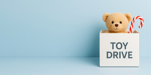 Christmas toy drive box with teddy bear and candy cane against blue background © dvoevnore