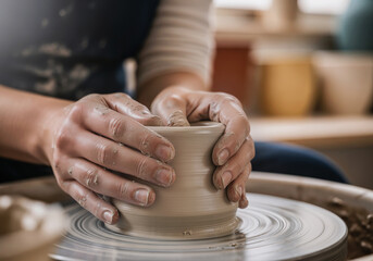 Hands Shaping Clay On Pottery Wheel