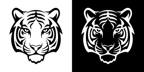 Stylized tiger head vector graphic set in two color variations. A fierce wildcat face illustration for a sports mascot, emblem, or tribal tattoo design