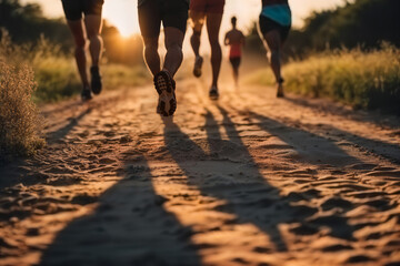 Group Of Runners On Dusty Trail At Sunset