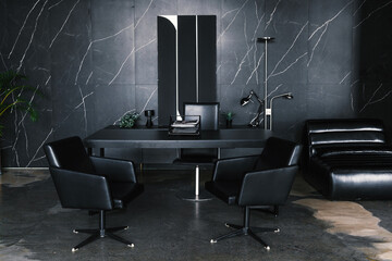Modern black leather office furniture in luxury interior for business workspace and design...