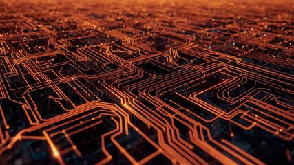 Circuit Board Network: A vibrant network of intricate circuits, bathed in warm light, symbolizes the core of modern technology and global connectivity. - Powered by Adobe