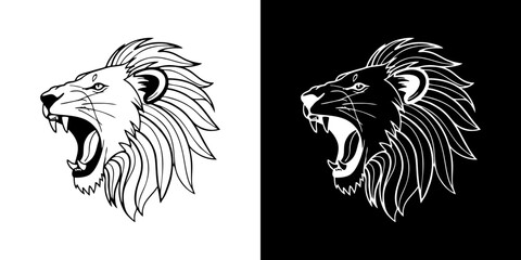 Intense roaring lion head graphic showcasing power and majesty in a stylized, monochromatic vector format, suitable for diverse design applications and branding projects