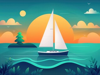 Naklejka premium Sailboat gliding on calm waters at sunset, surrounded by stylized nature elements.
