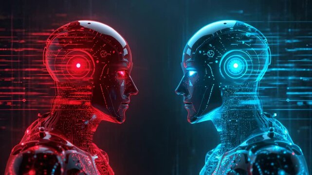 Binary Cybernetic Confrontation: Two advanced androids face off in a dramatic display of technological rivalry, their neon-lit features showcasing intricate circuitry, set against a dark.