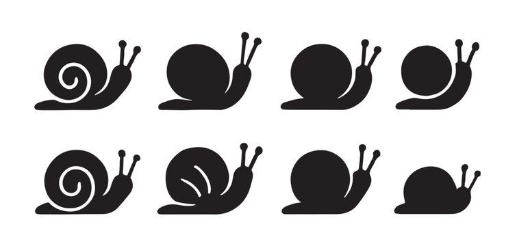 Minimalist snail silhouettes and shell icons set, vector graphics.