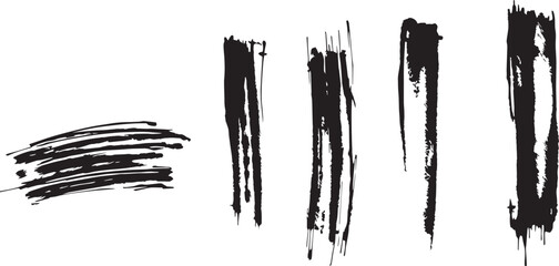 Brush set. Vector black paint brush spots, highlighter lines or felt-tip pen marker. Ink smudge abstract shape stains and smear set with texture