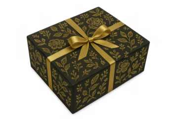 Black gift box with golden floral pattern and ribbon bow, celebrating special occasions, isolated on transparent background