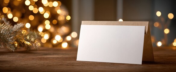Festive blank card with warm holiday lights background for custom greetings