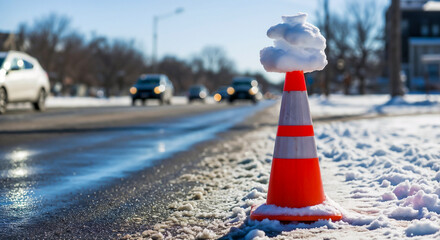 Traffic cone with snow pile symbolizing winter safety and urban cold