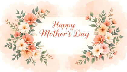 Delicate Happy Mother's Day Text Surrounded by a Corner Arrangement of Watercolor Peach and Cream Flowers on a Soft Pastel Orange Background, Ideal for Greeting Card, Holiday Banner