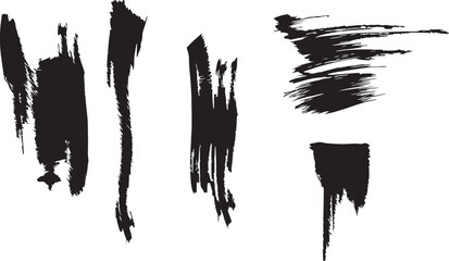 Brush set. Vector black paint brush spots, highlighter lines or felt-tip pen marker. Ink smudge abstract shape stains and smear set with texture
