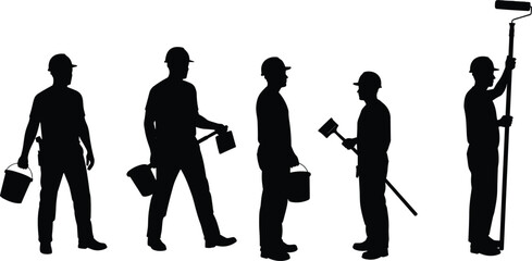 Construction workers, painting team, maintenance crew, hard hats, teamwork, paint rollers, bucket tools, safety gear, silhouettes, labor force, industrial scene